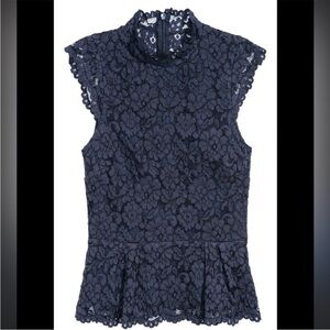 H&M Navy Floral Lace Peplum Blouse Size 2 High Neck Sleeveless Scalloped
